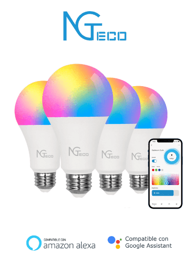 [ZKT1320012] NGTECO NGL200PAQ4 - Paquete de 4 Focos Inteligentes WiFi / Colores Regulables / Control Remoto vía App / Control de Voz mediante Amazon Alexa y Asistente de Google / Temporizador 