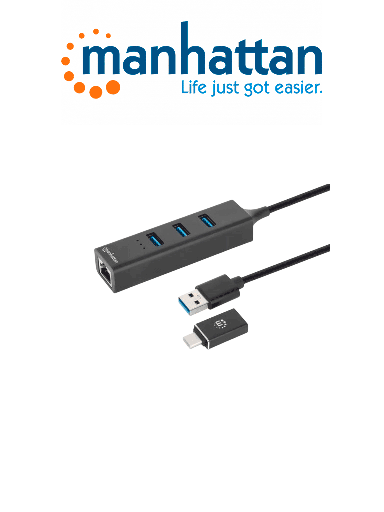[MAN3280050] MANHATTAN 180894 - Adaptador de Red GB USB A/C con Hub V3.2 / USB-A macho con acoplador USB-C macho a conector RJ-45 hembra y tres conectores USB-A de 5 Gbps de Súper Velocidad (USB 3.2 Gen1), alimentado por bus, negro