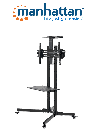[MAN0530024] MANHATA 462174 - Soporte de carrito multimedia económico / Para TV de 32" a 65" / Hasta 55Kg / +/- 15°/  altura ajustable / estantes para cámaras y AV / construcción de acero/ Color negro