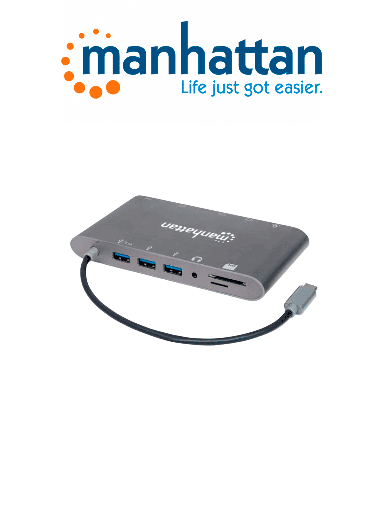 [MAN3280051] MANHATTAN 152808 - Estación Docking USB-C SuperVelocidad 7 en 1 USB 3.2 Tipo-C Macho a HDMI, Mini DP o VGA, Tres puertos USB 3.0 Tipo-A,Puerto USB-C PD, Gigabit Puerto RJ45, Lector Tarjetas SD y puerto de audio de 3.5 mm, Aluminio, Gris