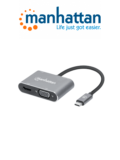 [MAN3280052] MANHATTAN 130691 - Docking Station de USB-C a HDMI y VGA, 4 en 1, con suministro de energía USB 3.2 tipo C macho a HDMI (4K a 30 Hz), VGA (1080p a 60 Hz), USB-A (5 Gbps) y USB-C PD (87 W) hembra, carga de transferencia, aluminio, gris espacial