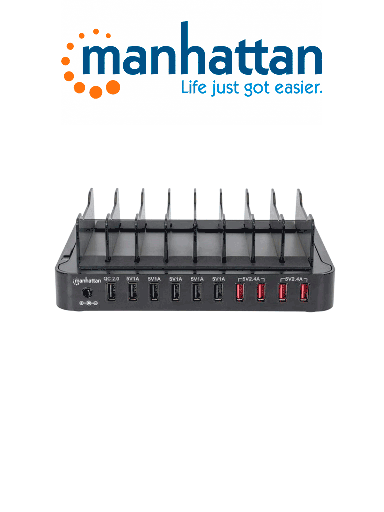 [MAN3280053] MANHATTAN 180009 - Estación de carga con 10 puertos USB 76 W, Base de carga USB de 12 A USB con Carga Rápida de 2.0, Soporte con 8 bahías