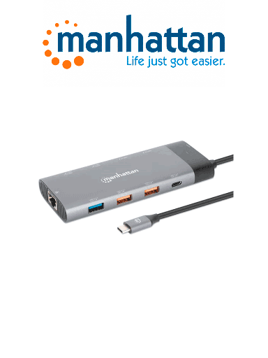 [MAN3280047] MANHATTAN 130714 - Docking Station USB-C para monitor dual 8K y carga PD / USB 3.2 Gen 2 Tipo-C macho a dos puertos HDMI, cinco puertos USB-A, puerto de suministro de energía USB-C (100 W), USB-C Puerto de datos y puerto Gigabit RJ45