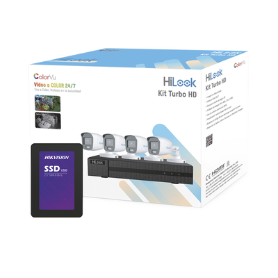 [220057] Kit TurboHD 1080p + SSD 1 TB / DVR 4 Canales / 4 Cámaras Bala ColorVu con Micrófono Integrado / Fuente de Poder / Accesorios de Instalación