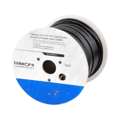 [217577] Bobina de cable de 305 m (1000 ft) Cat5e, Aleación de Cobre y Aluminio (CCA), color Negro, Uso Intemperie, Doble Forro