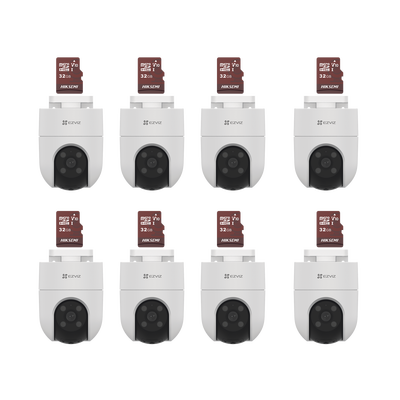 [223147] Kit de Camaras WiFi, Incluye 8 Piezas CS-H8C y 8 Piezas HS-TF-E1/32G / Audio de Dos Vías / Detección de Movimiento /  Luz Blanca / Sirena  /  Uso en Exterior con Protección