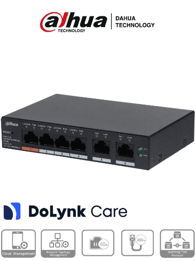 [DHT3720029] DAHUA CS4006-4GT-60 -  Switch PoE de 6 Puertos Gigabit/ 4 Puertos PoE 10/100/1000/ 2 Puertos Uplink 10/100/1000/ 60 Watts Totales/ Administrable en la Nube por DoLynk Care/ PoE Hasta 250 Metros/ Carcasa Metalica/ Switching 12 Gbps/ #LoNuevo