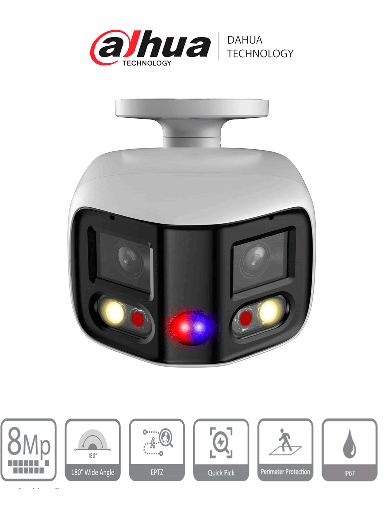 [DHT0070010] DAHUA IPC-PFW3849S-A180-AS-PV Cámara IP Bullet WizSense de 2x4MP TiOC Duo  fija de 180°/ LED IR 25 m/ Luz cálida es de 20 m/ Ranura Micro SD/ PoE/ IP67/ Disuasión Activa /Micrófono dual y Altavoz integrado/ EPTZ/ SMD 4.0/ E&S de Alarma y Audio