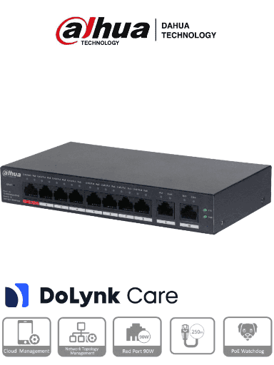[DHT3720030] DAHUA CS4010-8ET-110 -  Switch Poe de 10 Puertos/ 8 Puertos PoE 10/100/ 2 Puertos Uplink 10/100/1000/ 110 Watts Totales/ Administrable en la Nube por DoLynk Care/ PoE Hasta 250 Metros/ Carcasa Metalica/ Switching 5.6 Gbps/ #LoNuevo