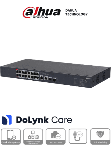 [DHT3720032] DAHUA CS4218-16ET-135 - Switch PoE de 18 Puertos/ 16 Puertos Poe 10/100/ 2 Puertos Uplink 10/100/1000 + 2 Puertos SFP/ 135 Watts Totales/ Administrable en la Nube por DoLynk Care/ PoE Hasta 250 Metros/ Carcasa Metalica/ Switching 7.2 Gbps/ #LoNuevo