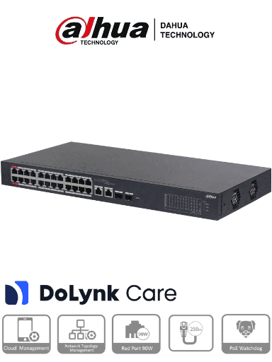 [DHT3720071] DAHUA CS4226-24ET-240 - Switch PoE de 26 Puertos/ 24 Puertos PoE 10/100/ 2 Uplink 10/100/1000 + 2 Puertos SFP/ 240 Watts Totales/ / Administrable en la Nube por DoLynk Care/ PoE Hasta 250 Metros/ Carcasa Metalica/ Switching 8.8 Gbps/ #LoNuevo