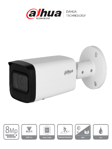 [DHT0030151] DAHUA DH-IPC-HFW2841T-ZS Cámara IP Bullet de 8 Megapíxeles/ Motorizado/ IR de 60 Mts/ 113°/ H.265+/ SMD+/ Protección Perimetral/ Ranura para MicroSD/ WDR/ 3D NR/ HLC/ BLC/ E&S de Alarma y Audio/ IP67/ #LoNuevo