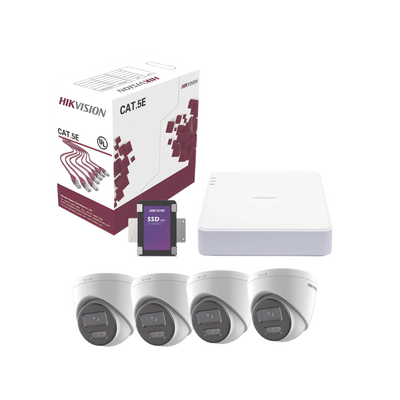 [227229] Kit IP 4 Megapixel / NVR de 4 Canales con 4 Puertos PoE / 4 Cámaras IP Bala Dual Light (IR + Luz Blanca) con Microfono Integrado y ACUSENSE Lite para Exterior/ Bobina de Cable de 100 mts / SSD de 1 TB