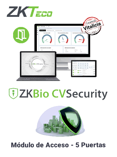 [ZKT0740042] ZKTECO ZKBIOCVACP5 - Licencia Vitalicia para 5 Puertas en Control de Acceso BioCVSecurity / Hasta 30 000 Usuarios / 200 Departamentos / 200 Áreas