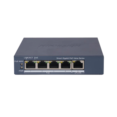 [225281] Switch Gigabit PoE+ / Administrable / 4 Puertos 1000 Mbps PoE+ / 1 Puerto 1000 Mbps Uplink / Configuración Nube Hik-PartnerPro / Modo Extendido hasta 300 Metros / 45 Watts