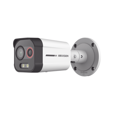 [222018] Bala IP Dual / Térmica 1.35 mm (96 x 72) / Óptico 4 mm (4 Megapixel) / Detección de Intrusión por VCA 30 mts /30 mts Luz Blanca / Exterior IP67 / PoE / Sirena y Luz Intermitente Integrada / Micro SD / ColorVu y ACUSENSE