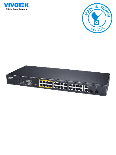 [VIV3720004] VIVOTEK AW-FGT-260F-380 - Switch PoE no administrable, 24 puertos PoE FE RJ45, 2 puertos Combo GE RJ45,SFP, 30W por puerto, 380W totales, 8 puertos Modo Extendido hasta 250mts, 8.8 Gbps, Protección 6KV