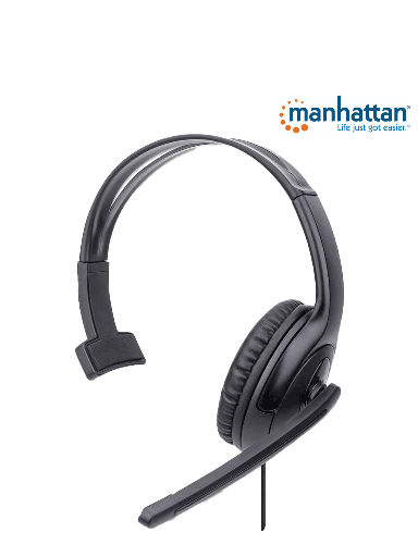[MAN1760016] MANHATTAN 179874 - Audífono USB monoaural con micrófono Diseño monoaural, Cableado con un conector USB-A, Control de volumen en línea, Micrófono ajustable, Negro