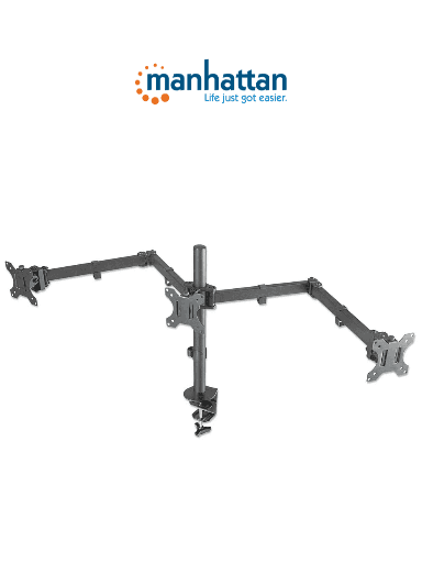 [MAN0530019] MANHATTAN 461658 Soporte para monitor, de escritorio, movimiento articulado, 3 pantallas planas de 13" a 27" máximo 7 kg cada una Soporta tres monitores LCD de hasta 27", uno montado al centro y dos en los brazos de doble articulación