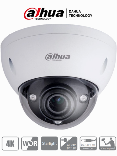 [DAH484006] DAHUA HDBW3802E-Z- Cámara Domo 4K / Lente Mot. de 3.7 mm a 11mm / 1 Entrada de Audio/ IR de 50 Mts/ WDR Real/ SeriePro Starlight/ E&S de Alarma/ Voltaje Dual 12VDC/24VAC/ Metalica/ IK10/ IP67/