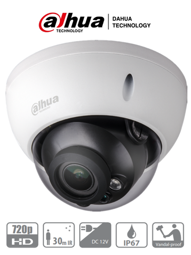 [DAH396014] DAHUA HDABW1100RVFS3 - Camara domo Antivandalica HDCVI 720p/ TVI/AHD/CVBS/ 1 Megapixel/ Lente 2.7 A12 mm/Luz ir 30 Mts/ Smart ir / IP67/ #OfertasAAA