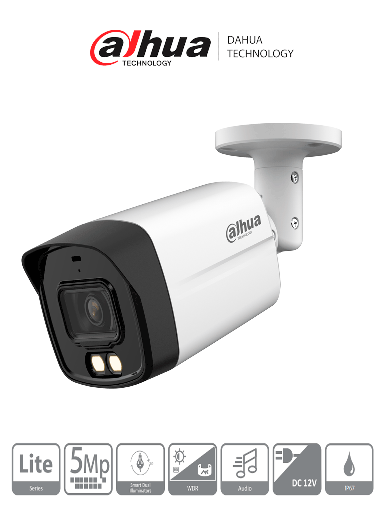 [DHT0290063] DAHUA DH-HAC-HFW1509TLM-IL-A - Cámara Bullet de 5 Megapixeles/ Iluminador Dual Inteligente + FullColor/ Lente de 2.8mm/ 111 Grados de Apertura/  40 Metros de Iluminación IR y Luz Visible/ Super Adapt/ Microfono Integrado/ IP67/ WDR Real