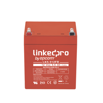 [229351] Batería 12 Vcc / 5.5 Ah / UL / Tecnología AGM-VRLA / Retardante a la Flama / Para uso en equipo electrónico, Alarmas de Intrusión / Incendio/ Control de acceso / Video Vigilancia / Terminales F1 y F2.