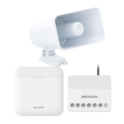 [233222] (AXPRO) KIT de alarma AXPRO con sirena cableada 30W / Incluye: 1 Hub con Batería de respaldo / 1 Sirena Cableada de 30 Watts IP65 / 1 Relevador Inalámbrico 0 a 36 VCC / Compatible con Hik-Connect P2P