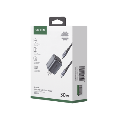 [229883] Combo Cargador Nexode Mini 30W PD GaN Tech + Cable USB-C 60W | Tecnología Inteligente | Carga Rápida | Carcasa Ignifuga | Cable de 1 Metro | Carcasa de Aluminio | Nylon Trenzado. 