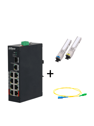 [DHT3720063] DAHUA PFS3110-8ET-96PAQFIB - Paquete de Switch Poe 8 Puertos RJ45 y un Puerto SFP + Par de transceptor fibra óptica SFP monomodo para 5km + Jumper 2 Metros