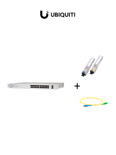 [UBI3720014] UBIQUITI US24250WPAQFIB2 - Paquete de Switch Poe 24 Puertos RJ45 y 2 Puertos SFP + Par de transceptores de fibra óptica SFP monomodo hasta 20km + Jumper Simplex 2 mm de 2 Metros