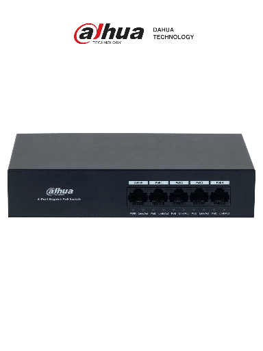 [DHT3720054] DAHUA DH-PFS3005-4GT-36 - Switch con 4 puertos Gigabit PoE y 1 puerto RJ45 10/100/1000 Mbps. Ofrece protección contra descargas eléctricas, ideal para alimentar dispositivos IP. Incluye fuente de poder integrada.