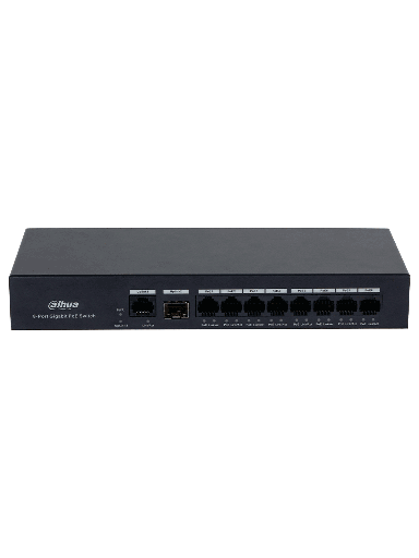 [DHT3720055] DAHUA DH-PFS3110-8GT-65 - Switch PoE inteligente con 8 puertos Gigabit, 60W de potencia total y switching de 20 Gbps. Ideal para alimentar y conectar dispositivos IP con protección contra descargas eléctricas.