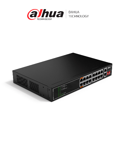 [DHT3720051] DAHUA SF1018LP - Switch PoE de 18 Puertos/ 135 Watts Totales/ 16 Puertos PoE 10/100/ 2 Puertos Uplink 10/100/1000/ Switching 7.2 Gbps/ Compatible con Standares:IEEE802.3af; IEEE802.3at; Hi-PoE/  PoE Hasta 250 Metros/ #LoNuevo