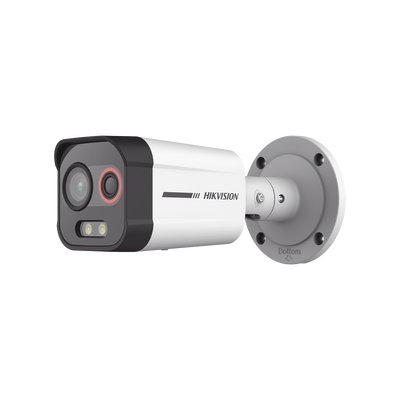 [233983] Bala IP Dual / Térmica 2.6 mm (96 x 72) / Óptico 6 mm (4 Megapixel) / Detección de Intrusión por VCA 30 mts /30 mts Luz Blanca / Exterior IP67 / PoE / Sirena y Luz Intermitente Integrada / Micro SD / ColorVu y ACUSENSE 
