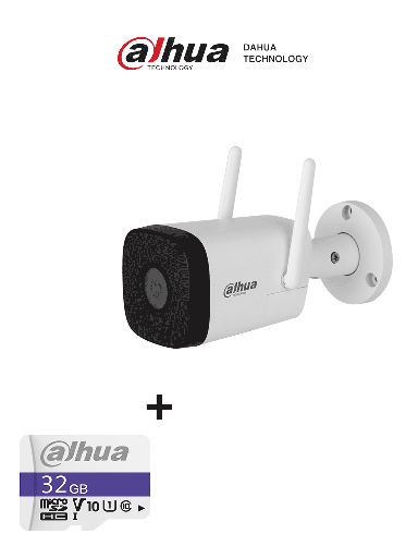 [DHT0150062] Bundle IPC-HFW1230DT-STW - Cámara IP Bullet Wifi de 2 Megapixeles/ Lente de 2.8 mm/ 100 Grados de Apertura/ IR de 30 Metros/ H.265/ Microfono y Altavoz Integrados/ Ranura MicroSD/ IP67/ Detección de Movimiento/ + Memoria Micro SD de 32 GB/