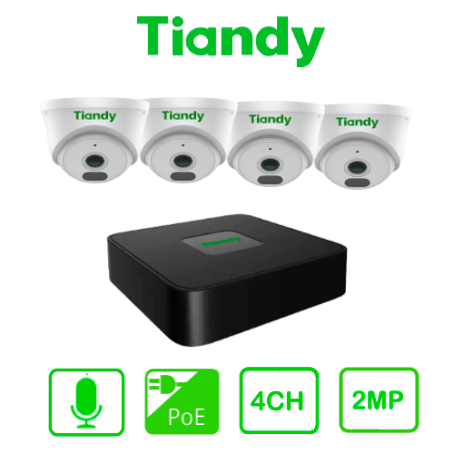[TC-KIT4DAK104] TIANDY KIT-IP4DAK - KIT NVR 4CH / H.265 / 1HDD / POE + 4 CAMARAS IP DOMO 2MP SERIE AK / 2.8MM / NO ONVIF / IR 30M / CARCASA POLICARBONATO / MICROFONO / POE