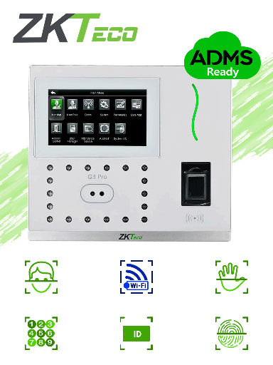 [ZKT0810051] ZKTECO G3PROWIFI - Control de Acceso y Asistencia Facial y Palma / 12000 Rostros / 20000 Huellas BIO ID / 20000 Tarjetas  ID / 6000 Palmas / Green Label / WiFi