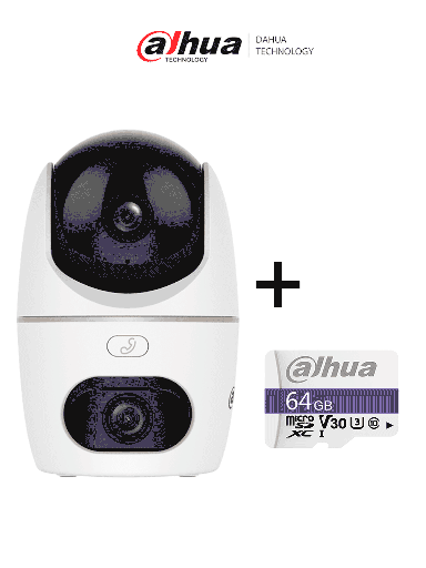 [DHT0150068] DAHUA PAQUETE Cámara IP-HPT1539DD-STW-5E2-IL/PT Dual de 10 MP/2 Lentes de 3k/ 30 de IR y Luz Visible/ Botón de Llamada/ Audio 2 vías/ Detección de Humanos y Mascotas/ Disuación activa/ AutoTracking/ Ranura MicroSD + Memoria Micro SD DHI-TF-C100/64GB